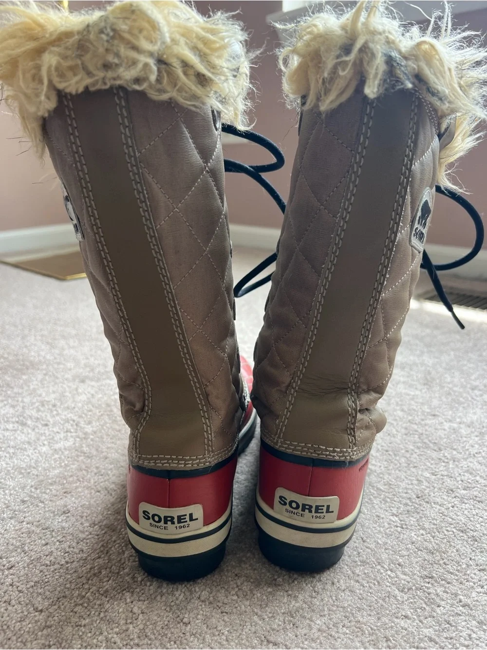 Sorel Red and Tan Quilted Faux-Fur Lace-Up Boots